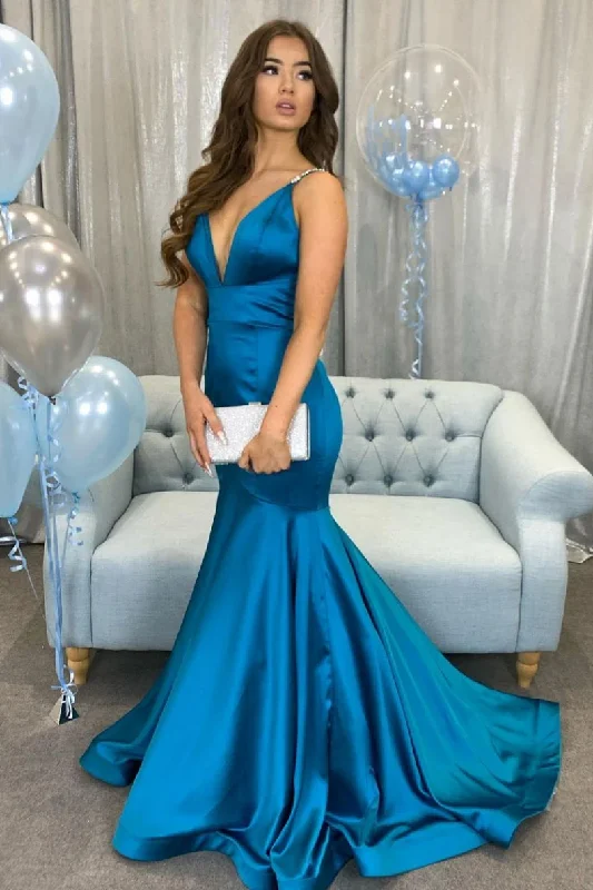 Simple v neck Peacock blue satin long prom dress blue evening dress    cg20336