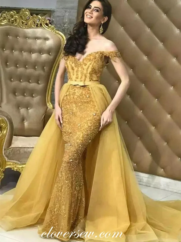 Yellow Sequined Lace Off The Shoulder Detachable Skirt Prom Dresses , CP0104
