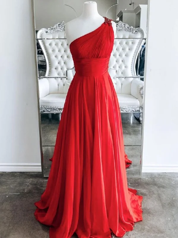 One Shoulder Backless Red Chiffon Long Prom Dresses    cg20242
