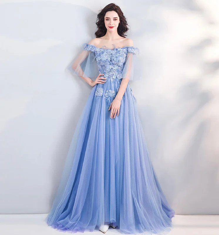 BLUE LACE LONG A LINE PROM DRESS BLUE EVENING DRESS    cg20545
