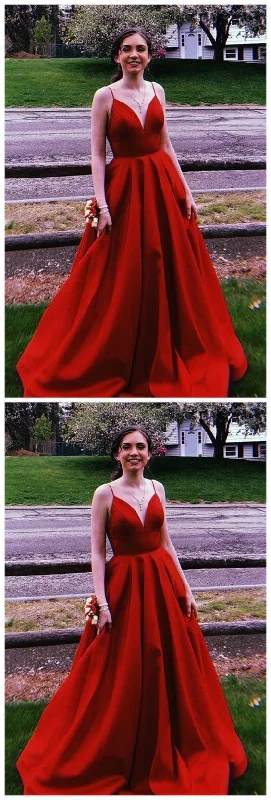 A-Line Spaghetti Straps Sweep Train Red Satin Prom Dress with Pockets    cg20260