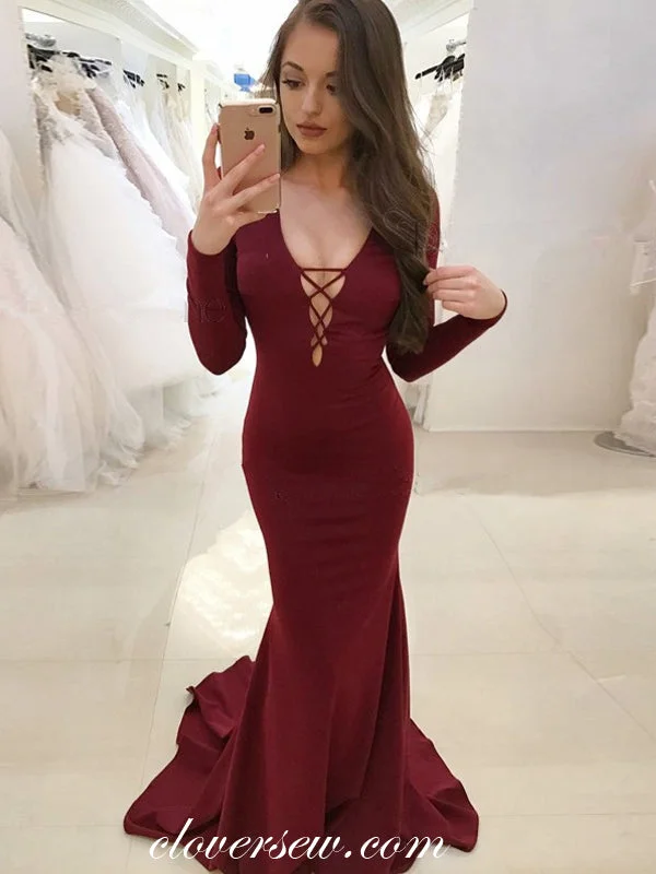 Burgundy Long Sleeves Mermaid Open Back Prom Dresses, CP0112