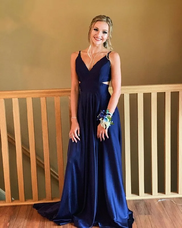 Elegant V Neck Navy Blue Long Prom Dress    cg20340