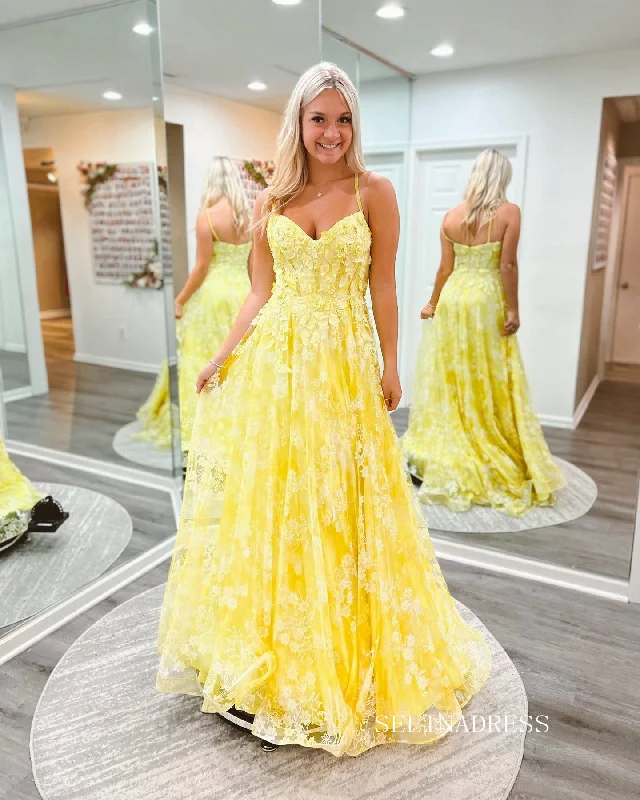 Chic Spaghetti Straps Applique Lace Long Prom Dress Yellow Elegant Evening Dress #LOP804 Chic Spaghetti Straps Applique Lace Long Prom Dress Yellow Elegant Evening Dress #LOP804