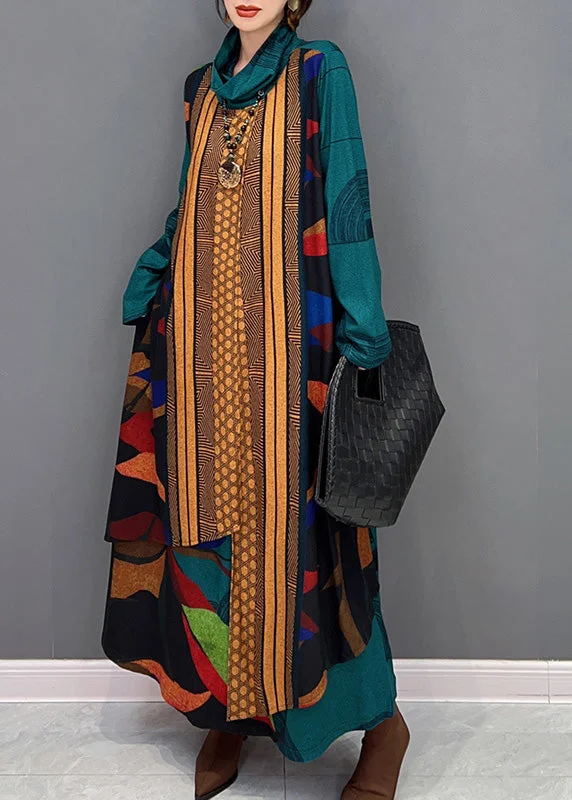 Bohemian Green Turtleneck Print Patchwork Long Dress Long Sleeve