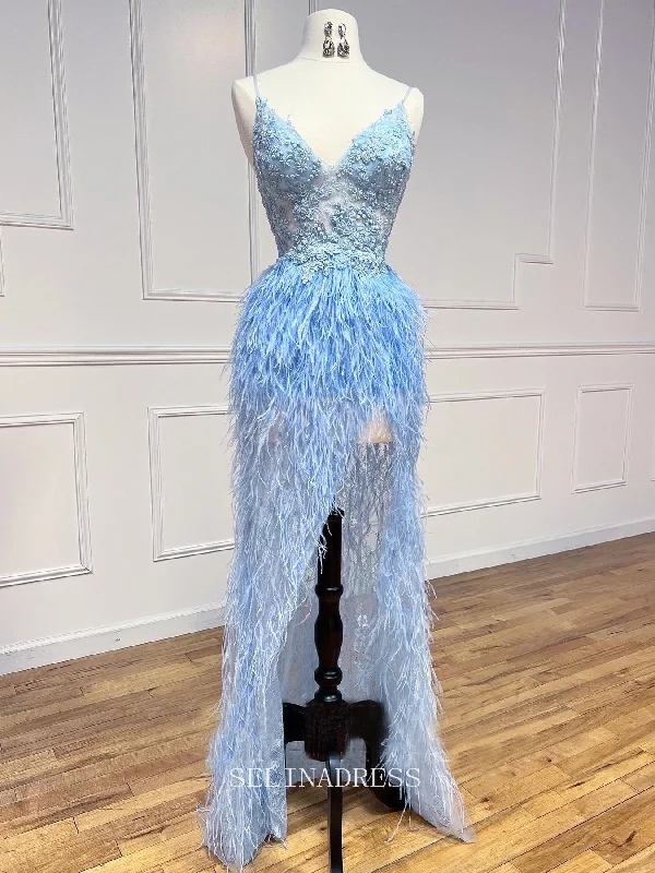 Chic Elegant Spaghetti Straps Beaded Long Formal Gown With Feather Evening Dress #LOP603 Chic Elegant Spaghetti Straps Beaded Long Formal Gown With Feather Evening Dress #LOP603