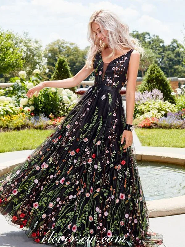 Fashion Embroidery Black Tulle Sleeveless A-line Prom Dresses , CP0118