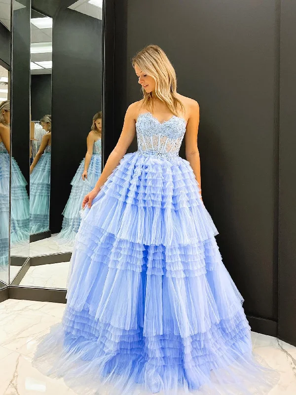 Chic A-line Sweetheart Lace Long Prom Dress Blue Gorgeous Frill Layered Gown #OPW007