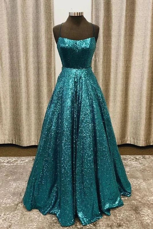 A-line turquoise sequined long prom dress with lace up back    cg20431