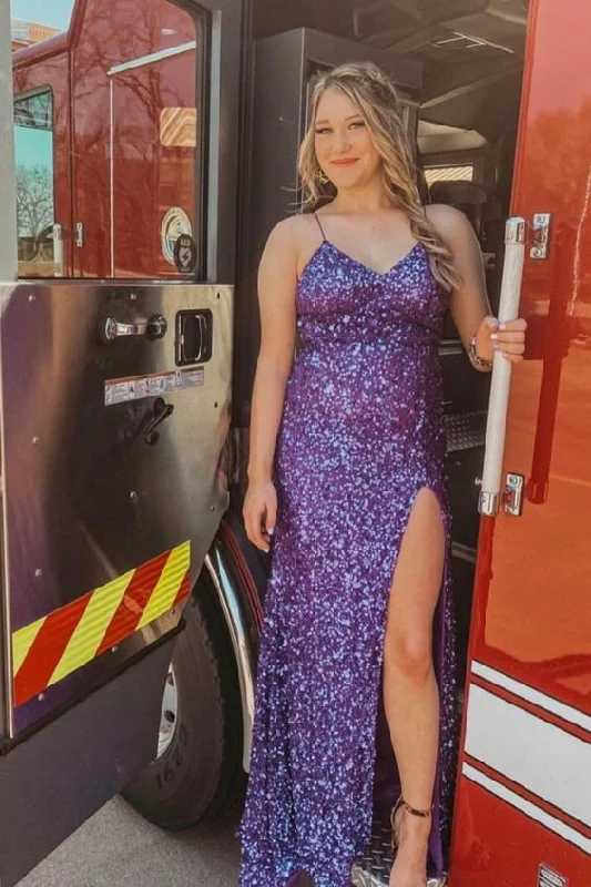 Mermaid Sequined Long Prom Dress with Slit, cheap long prom dress, prom dresses 2021    cg20239