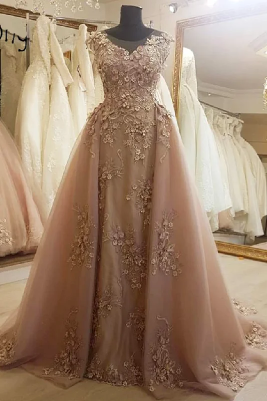 Deep champagne tulle cap sleeve long formal prom dress, evening dress with applique cg20427 Deep champagne tulle cap sleeve long formal prom dress, evening dress with applique cg20427