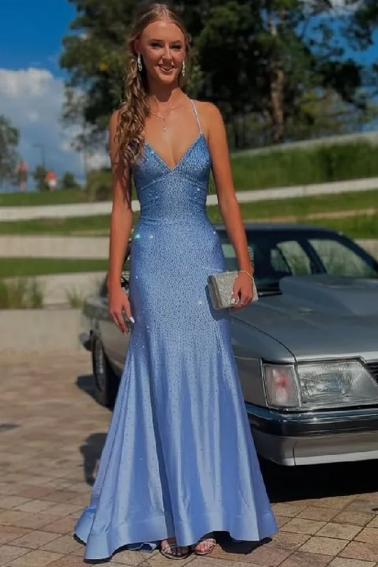 Spaghetti Straps V-Neck Rhinestone Mermaid Long Formal Prom Dress