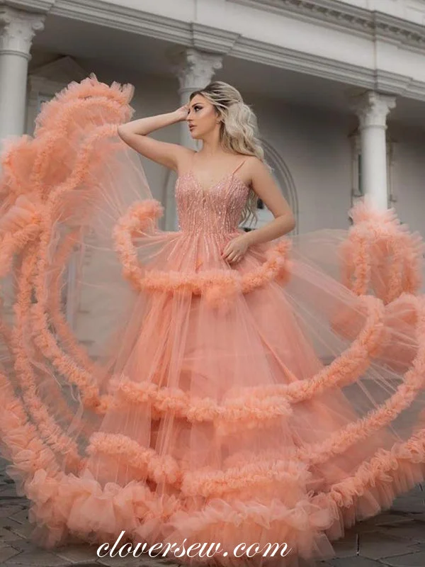 Pastel Orange Tulle Bead Ruffles Tiered A-line Prom Dresses, CP0123