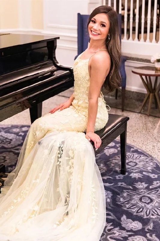 yellow lace mermaid long prom dress with lace up back and spaghetti straps    cg20444