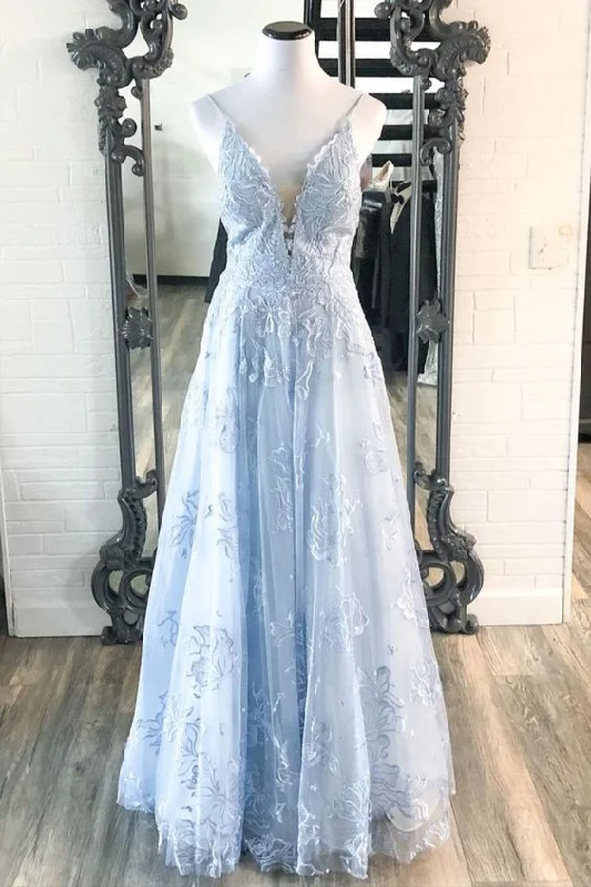 A-line light blue lace long prom dress 2021    cg20496