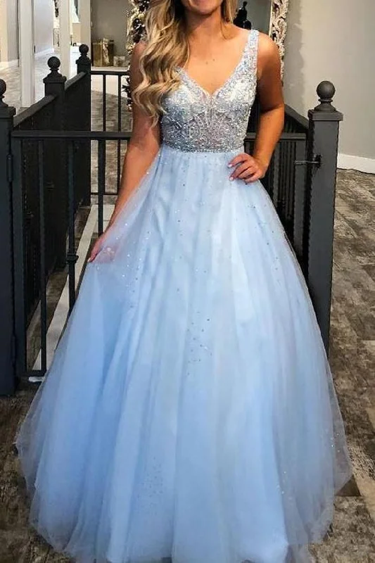 A Line Princess Light Blue Lace See Through Prom Dress Formal Evening Fancy Dresses    cg20657
