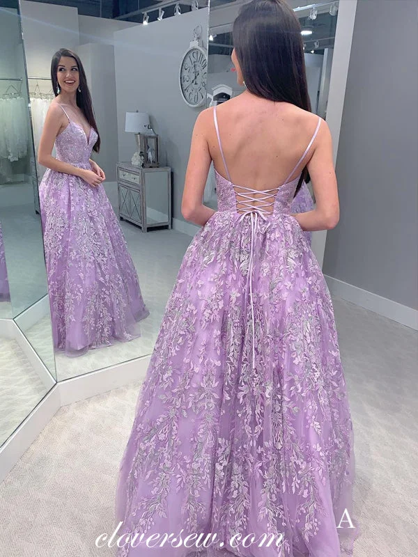 Floral Lace Spaghetti Strap Lace Up Back A-line Prom Dresses, CP0127