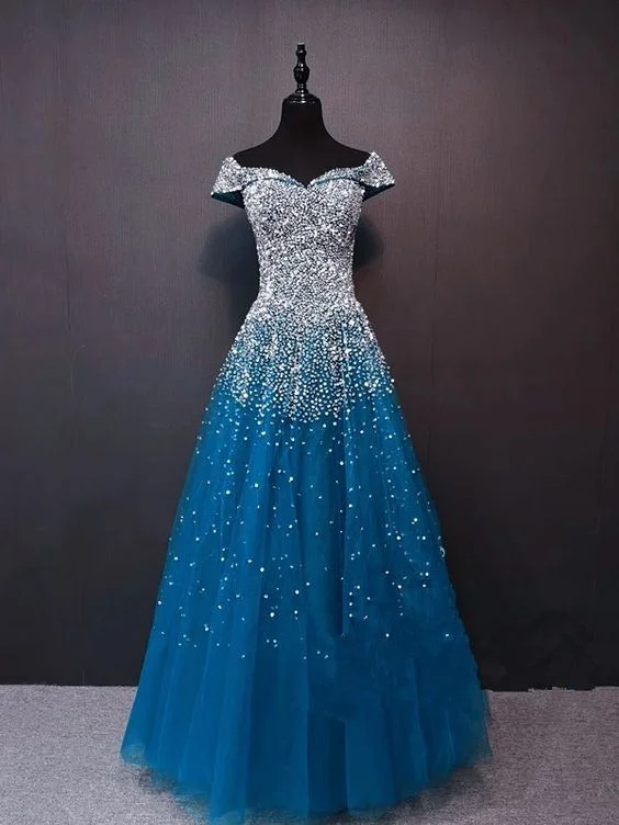 Sparkle Beaded Long Formal Dress, Blue Prom Dress    cg20406
