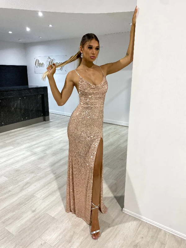 Honey Couture CELESTE Rose Gold Diamante Strap Sequin Lace Up Formal Dress (RED TAG FINAL SALE)