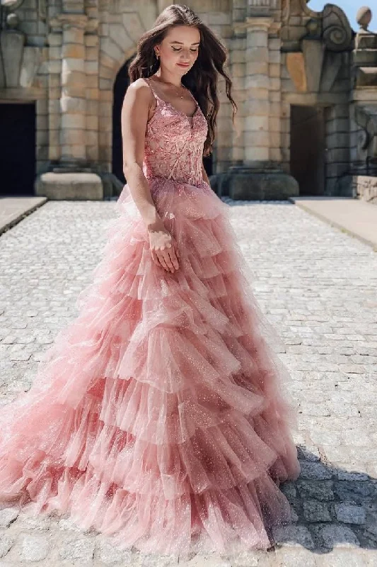 A-Line V-Neck Straps Appliques Layered Tulle Long Prom Dress