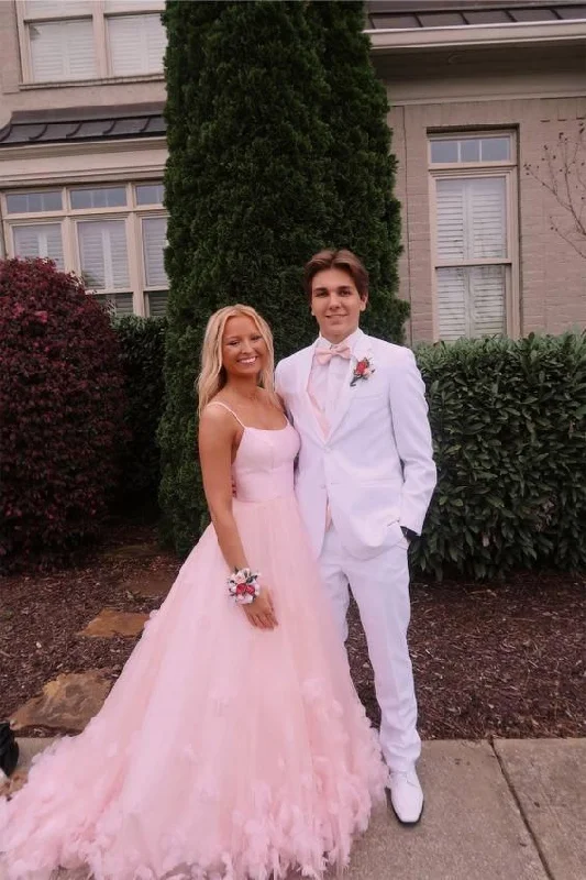 Pink Tulle Spaghetti Straps Sweet 16 Prom Dress, Floor Length Tulle Formal Dress     cg20353
