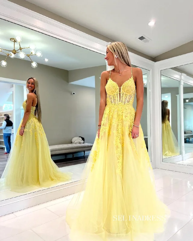 Chic A-line Spaghetti Straps Lace Long Prom Dress Yellow Elegant Evening Dresses #LOP805 Chic A-line Spaghetti Straps Lace Long Prom Dress Yellow Elegant Evening Dresses #LOP805
