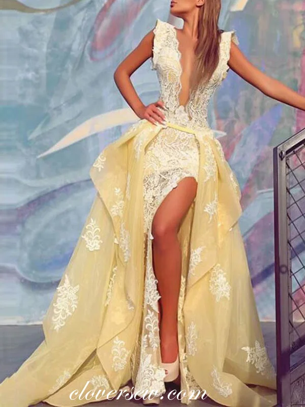Pastel Yellow Organza Ivory Lace Applique Detachable Skirt Prom Dresses, CP0102