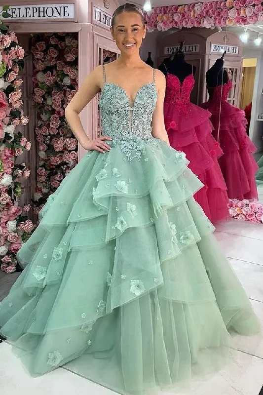 A-Line Ruffles V-Neck Appliques Sleeveless Long Prom Dress with Train