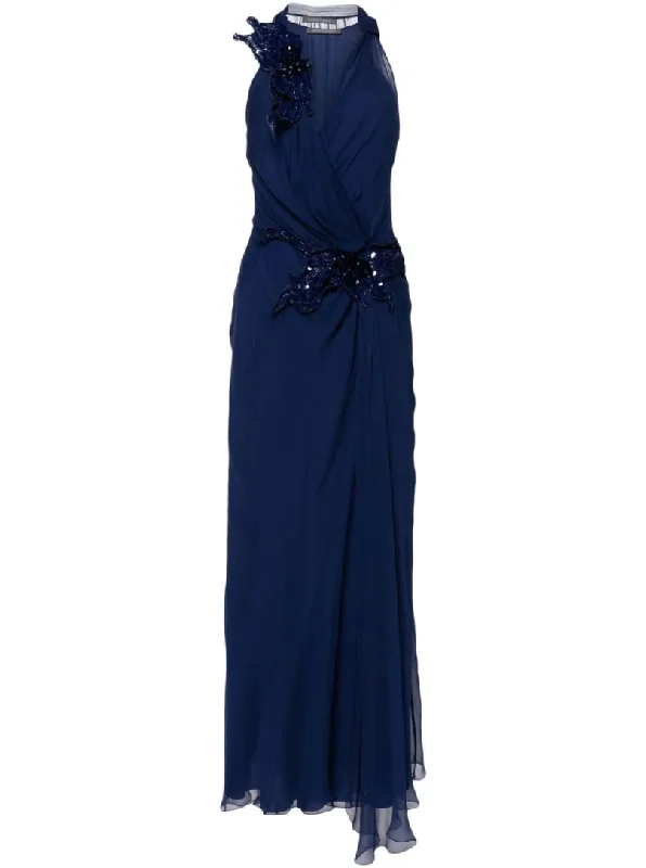appliqué-detail silk blue dress