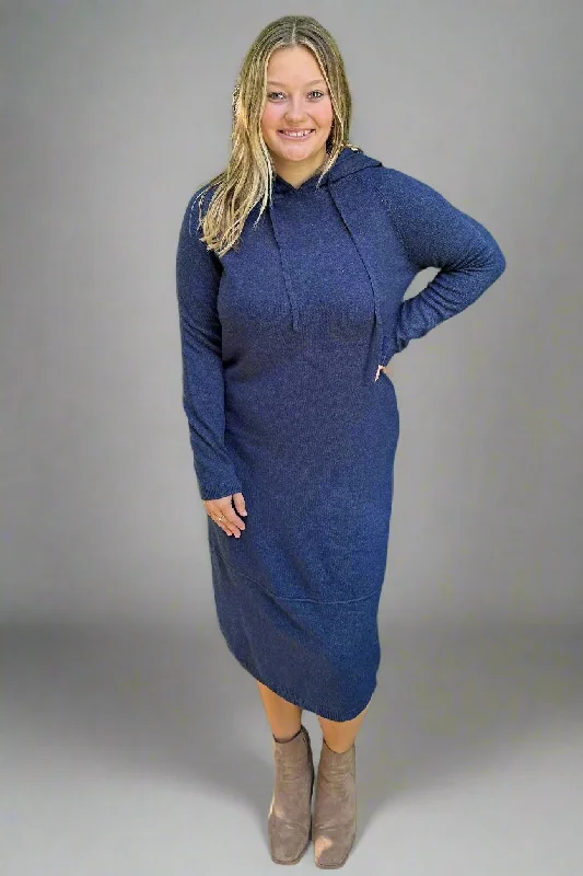 Knitted Long Hoodie Dress - Navy