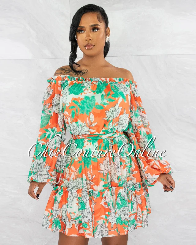 Linda Green Orange Print Self-Tie Belt Skater Dress