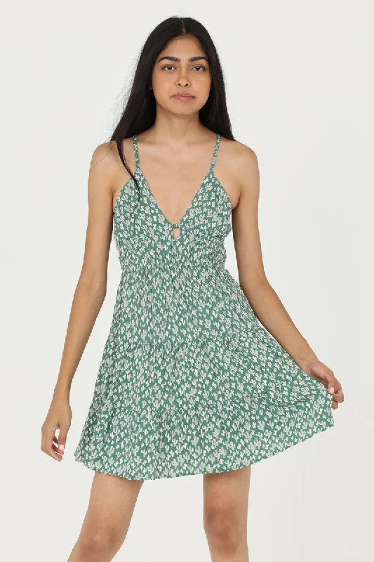 Printed V Neck Open Back Sundress