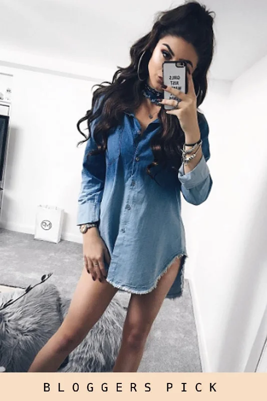 Blue Gradient Denim Oversized Shirt - Hunter Collared Crew Neck Turtle Neck