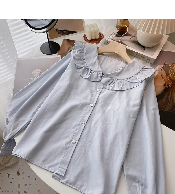 Lace Baby collar shirt age reducing versatile long sleeve top  6427 Hooded Caped Shawl Collar