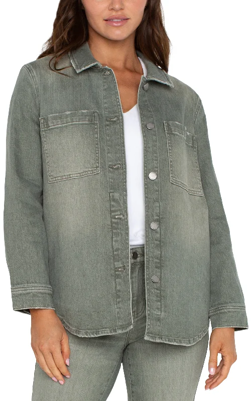 Liverpool Drop Shoulder Overshirt w/ Shirt Tail Hem (Vintage Green) Front Pockets Side Pockets Patch Pockets