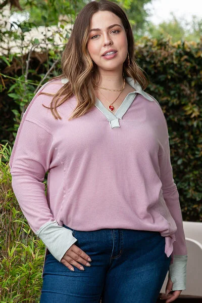 Blue Zone Planet |  Plus Size Exposed Seam Johnny Collar Long Sleeve T-Shirt Cashmere Blend Cotton Blend Poly Blend