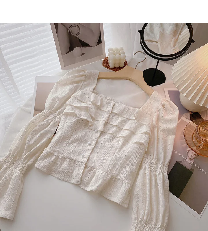 Ruffled Square Neck Shirt Short flare sleeve top  6429 Graphic Embroidered Appliqued