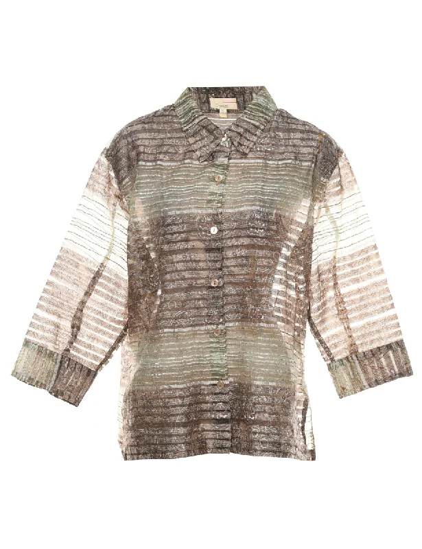 Sheer Effect Paisley Brown & Green Shirt - XL Real Fur Shearling Chenille