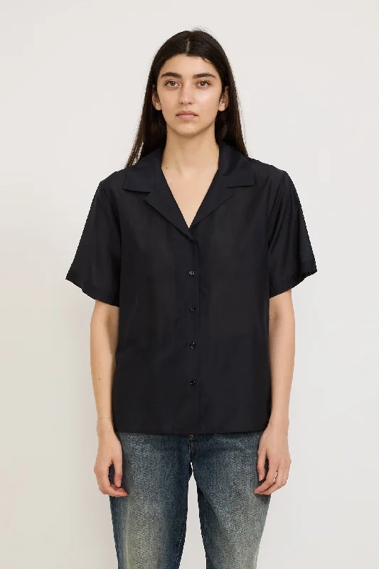 Sheer Resort SS Shirt Black Welt Pockets Slit Pockets Flap Pockets