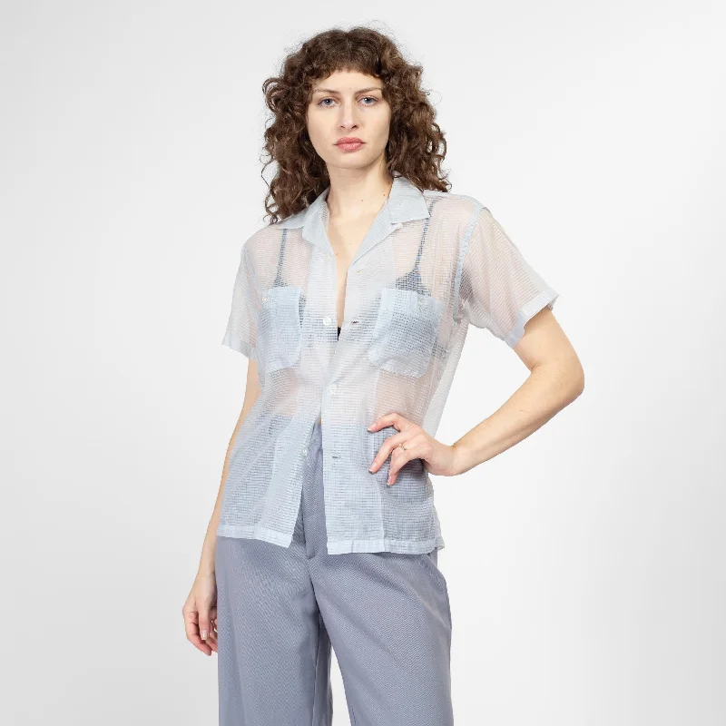 Small 60s Sheer Pastel Blue Collared Shirt Unisex Jersey Fabric Tulle Fabric Batik Fabric