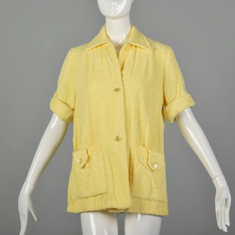 XS 1950s Terry Cloth Beach Shirt Print Jacquard Patchwork