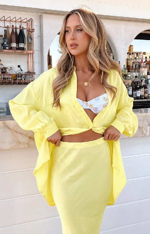 Zariah Yellow Cupro Button Up Shirt Hooded Caped Shawl Collar