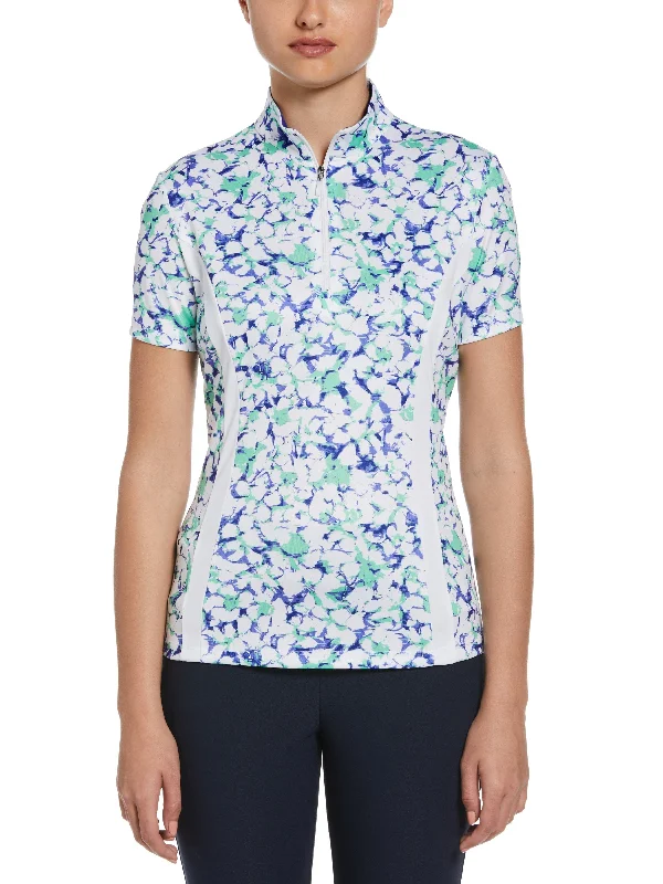 Women's Abstract Floral Print Golf Shirt Lace Blend Ribbed Blend Corduroy Blend