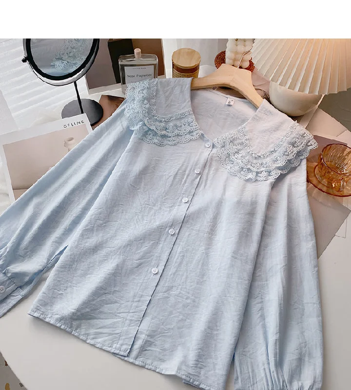 Baby collar lace edge solid color shirt slim long sleeve top  6385 Terry Blend Velvet Blend Canvas Blend