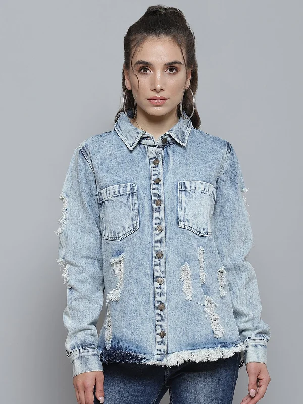Blue High Low Distressed Denim Shirt Seamless Knitted Crochet