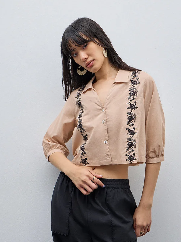 Bombay Paisley Beige Floral Embroidered Cotton Shirt Striped Floral Plaid