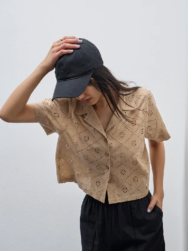 Bombay Paisley Beige Schiffli Design Cotton Shirt Modern Contemporary Chic