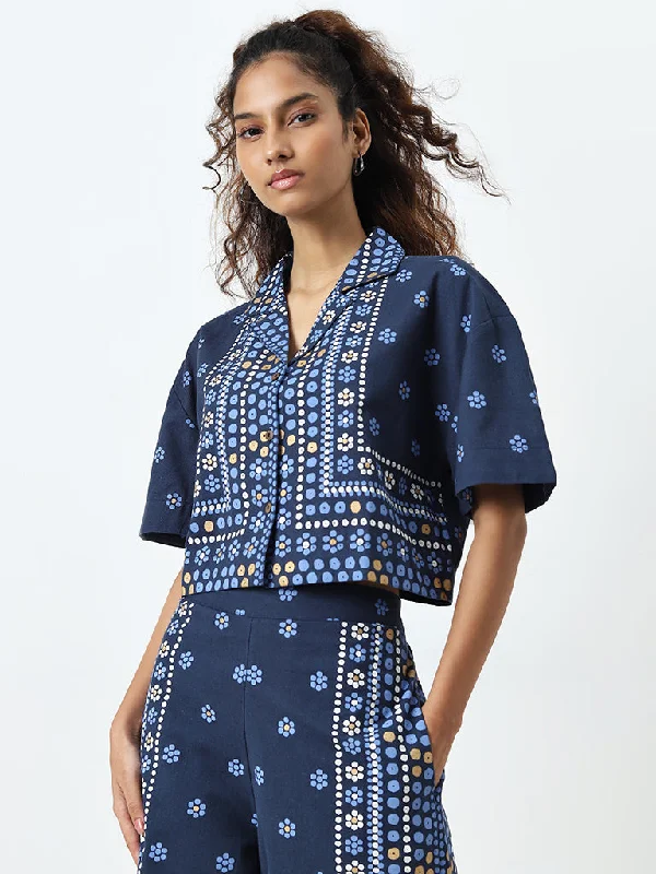 Bombay Paisley Blue Floral Printed Cotton Blend Shirt Fitted T-Shirt Seamless Stretchy