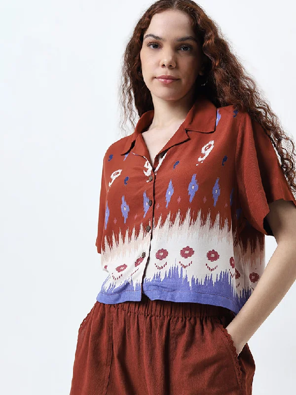 Bombay Paisley Brown Ikat Print Shirt Zippered Front Buttoned Front Snap Front