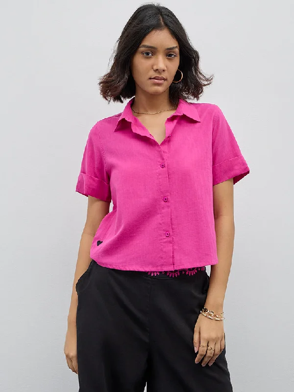 Bombay Paisley Fuchsia Solid Cotton Shirt Front Pockets Side Pockets Patch Pockets